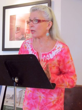 Clarinda Harriss at the Town Hall open mic and reading at Minas Gallery. (Photo Credit: Laura Shovan)
